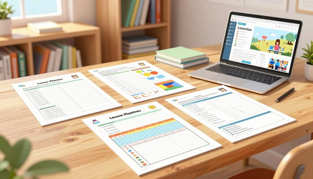 A bright, organized workspace featuring a collection of streamline lesson planning worksheets spread across a wooden table. In the foreground, a beautifully designed worksheet, filled with colorful grids, sections for objectives, activities, and assessment results, clearly displayed with various icons. The middle ground showcases additional worksheets and teaching resources, neatly arranged next to a laptop displaying an educational platform. In the background, shelves filled with books and educational materials create a supportive learning environment. The lighting is warm and inviting, resembling natural sunlight filtering through a nearby window, with soft shadows enhancing the overall atmosphere of productivity and focus. The scene captures a professional and efficient space for teachers.