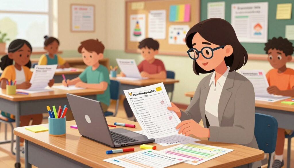 A brightly lit classroom setting focused on a teacher customizing worksheets for a diverse group of students. In the foreground, a female teacher with glasses, wearing smart casual attire, is seated at a wooden desk, surrounded by colorful examples of worksheets spread out. She is thoughtfully adjusting the layout of a vocabulary list on her laptop, surrounded by vibrant stationery like markers and sticky notes. In the middle, a bulletin board displays various learning materials and student artwork, showcasing a creative atmosphere. In the background, a diverse group of students of different ethnicities, engaged in collaborative learning, can be seen at desks, examining the customized worksheets with interest. The lighting is warm and inviting, enhancing the sense of productivity and inclusivity in the classroom.