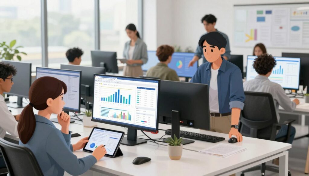 A bustling digital workspace featuring a diverse group of professionals analyzing Facebook reach metrics on multiple screens. In the foreground, a focused woman in business attire studies data charts on a tablet, her expression thoughtful. In the middle, a man in a smart-casual outfit engages with a large touchscreen display filled with dynamic graphs and analytics. The background showcases a bright, modern office with large windows, allowing natural light to illuminate the room. The atmosphere is energetic and collaborative, symbolizing teamwork and innovation in social media strategy. Use a wide-angle lens to capture the depth of the workspace, and ensure soft, natural lighting enhances the professional yet vibrant mood.