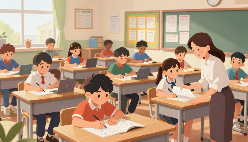 A busy classroom featuring a diverse group of students engaged in a structured learning environment. In the foreground, a teacher, dressed in professional attire, is actively guiding students as they collaborate on bell ringer activities at their desks. The middle layer showcases students with focused expressions, working together with notebooks and digital devices, illustrating a routine practice. In the background, colorful bulletin boards display educational materials and a clock indicating the passing of time, symbolizing routine. Soft, natural light filters through large windows, creating a warm and inviting atmosphere. The overall mood conveys engagement, discipline, and the importance of consistent routines in enhancing learning experiences. The image captures a moment of organization and focus in an educational setting. A busy classroom featuring a diverse group of students engaged in a structured learning environment. In the foreground, a teacher, dressed in professional attire, is actively guiding students as they collaborate on bell ringer activities at their desks. The middle layer showcases students with focused expressions, working together with notebooks and digital devices, illustrating a routine practice. In the background, colorful bulletin boards display educational materials and a clock indicating the passing of time, symbolizing routine. Soft, natural light filters through large windows, creating a warm and inviting atmosphere. The overall mood conveys engagement, discipline, and the importance of consistent routines in enhancing learning experiences. The image captures a moment of organization and focus in an educational setting.