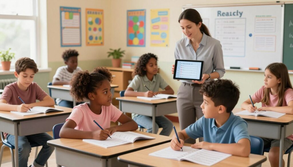A classroom scene depicting diverse students engaged in focused, targeted practice for academic readiness. In the foreground, a diverse group of students, including a Black girl and a Hispanic boy, are seated at individual desks with practice materials spread out in front of them. They are wearing modest casual clothing and look deeply concentrated. In the middle, a white female teacher circulates, offering guidance while holding a tablet displaying practice questions. In the background, colorful educational posters adorn the walls, and a whiteboard showcases a structured lesson plan. Soft natural light filters through a window, creating a warm, encouraging atmosphere that highlights the importance of student readiness and focused learning. The perspective is slightly angled to capture the dynamics of the classroom environment.