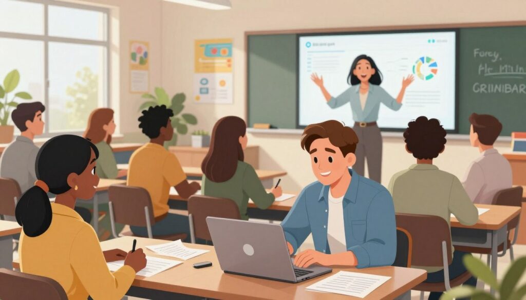 A classroom scene focused on a diverse group of teachers, both men and women, confidently engaging in a collaborative training session. In the foreground, two teachers, one African American and one Caucasian, share a laptop, smiling, with notes scattered around them, symbolizing teamwork. In the middle ground, a group of teachers listens attentively to a facilitator, a Hispanic woman presenting with enthusiasm, using a modern digital whiteboard. The background shows a bright, airy classroom with educational posters and plants, promoting a positive learning environment. Soft, natural lighting filters through large windows, creating an inviting atmosphere. The overall mood is of empowerment and encouragement, reflecting a supportive community overcoming the fear and anxiety associated with AI training.