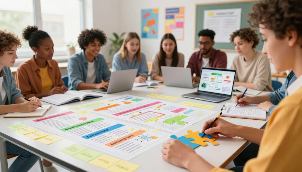 A classroom setting where a diverse group of teachers collaborate around a large table covered with colorful charts and sticky notes, symbolizing complex educational standards being transformed into manageable learning goals. In the foreground, a close-up of a teacher's hands assembling a puzzle made of curriculum pieces, reflecting a process of breaking down information. The middle includes open books and laptops with digital visuals of educational frameworks displayed. The background reveals a bright, airy classroom with large windows and inspirational posters on the walls, creating a vibrant and engaging learning atmosphere. Soft, natural lighting pours in, enhancing a mood of creativity and teamwork, captured with a slight depth of field to focus on the collaborative process.