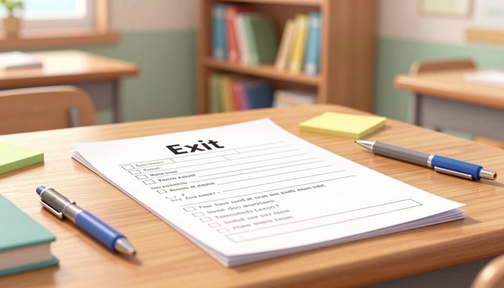 A close-up view of a completed exit ticket placed on a wooden desk, surrounded by colorful stationery items like pens and sticky notes. The exit ticket has a structured format with checkboxes and short questions filled in, showcasing a student's handwriting. In the background, softly blurred shelves filled with educational books create a warm and inviting classroom atmosphere. Natural light streams in from a nearby window, casting gentle shadows and enhancing the cozy, productive mood. The focus is on the exit ticket, symbolizing a tool for teachers to assess learning. The image should not contain any text or captions, only the elements that emphasize the exit ticket's importance in education.