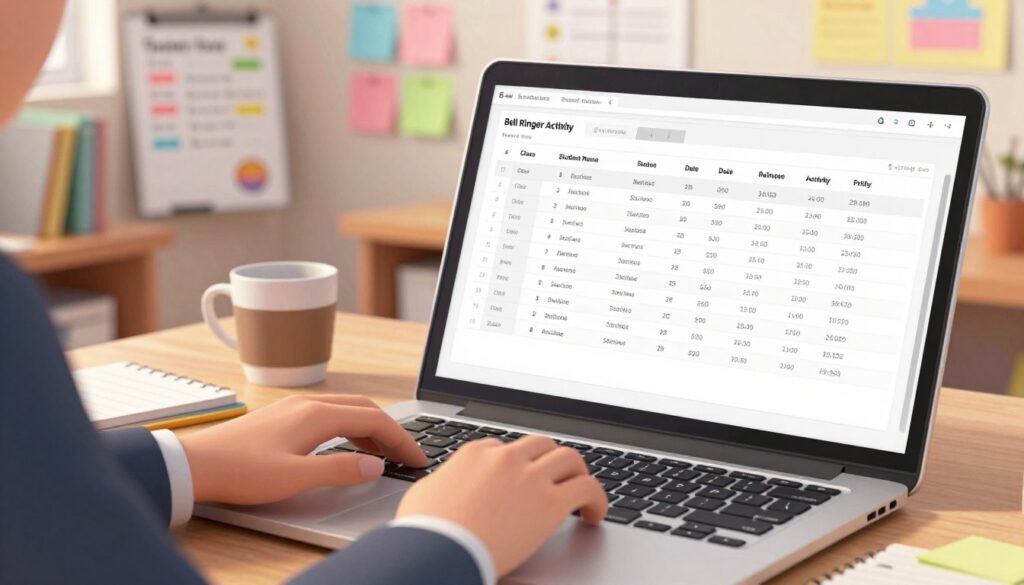 A close-up view of a digital CSV template displayed on a sleek laptop screen, with clean rows and columns filled with data such as headings like "Student Name," "Class," "Date," and "Bell Ringer Activity." In the foreground, a pair of hands clad in professional attire, typing on the keyboard. The middle section features a well-organized workspace, including colorful sticky notes, a whiteboard with planning notes, and a coffee cup, all bathed in warm, inviting light. The background shows shelves with books and educational materials, suggesting a cozy classroom environment. The image conveys a productive and focused atmosphere, reflecting the efficient preparation of data for automated generation. The angle is slightly elevated, capturing both the laptop and the workspace simultaneously. A close-up view of a digital CSV template displayed on a sleek laptop screen, with clean rows and columns filled with data such as headings like "Student Name," "Class," "Date," and "Bell Ringer Activity." In the foreground, a pair of hands clad in professional attire, typing on the keyboard. The middle section features a well-organized workspace, including colorful sticky notes, a whiteboard with planning notes, and a coffee cup, all bathed in warm, inviting light. The background shows shelves with books and educational materials, suggesting a cozy classroom environment. The image conveys a productive and focused atmosphere, reflecting the efficient preparation of data for automated generation. The angle is slightly elevated, capturing both the laptop and the workspace simultaneously.