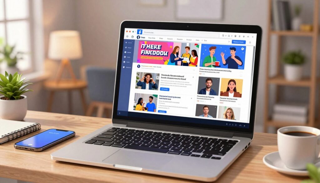 A close-up view of a digital workspace featuring vibrant Facebook posts on a computer screen. In the foreground, a sleek laptop displays colorful posts showcasing engaging images, eye-catching headlines, and varied content types like polls and videos. The middle layer includes a tidy desk with a modern smartphone and a notebook, with a cup of coffee, creating a focused yet relaxed atmosphere. In the background, a softly blurred home office setting with warm ambient lighting, plants, and bookshelves adds depth. The mood is dynamic and inspiring, illustrating the innovative process of leveraging AI for effective Facebook content creation. The image is well-lit, simulating natural light from a nearby window, focusing on clarity and vibrant colors that convey creativity and efficiency.