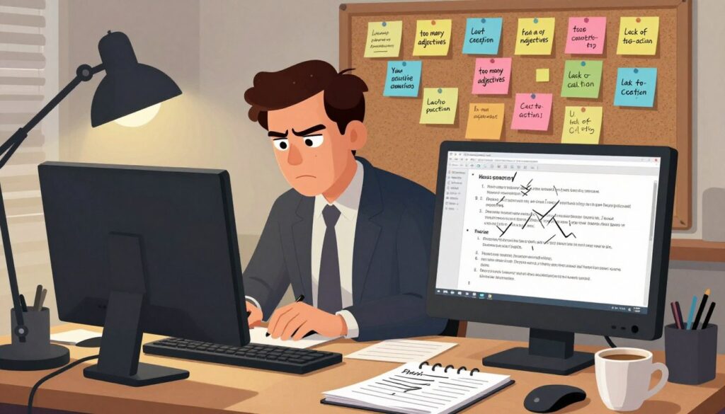 A cluttered desk scene showcasing common copywriting mistakes. In the foreground, a computer screen displays jumbled text with spelling errors and awkward phrases, illuminated by soft desk lamp lighting. A notepad with scribbled reminders sits next to a overflowing coffee cup. In the middle ground, a focused business professional wearing smart casual attire is actively editing content, frowning as they spot mistakes. The background features a corkboard filled with colorful sticky notes, some of which highlight common errors like "too many adjectives" or "lack of call-to-action." The overall atmosphere reflects a mood of determination and focus, emphasizing the importance of accurate and polished copywriting in promotional materials.