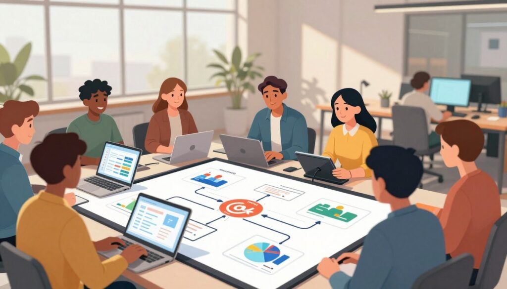 A collaborative digital workspace depicting development teams integrating various software tools and APIs. In the foreground, a diverse group of professionals in smart casual attire are gathered around a large touchscreen displaying flowcharts and graphs, symbolizing data integration. The middle ground features sleek laptops, tablets, and interconnected devices that illustrate tech collaboration. In the background, a modern office environment with large windows allowing natural light to flood the space, casting soft shadows. The atmosphere is lively and focused, reflecting teamwork and innovation. Soft focus on the background enhances the professionals' interactions, while warm lighting creates an inviting, productive vibe. The scene captures the essence of integration capabilities, emphasizing technology and collaboration in a contemporary setting.