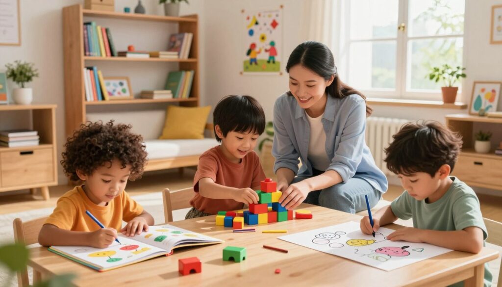 A collaborative home learning environment illustrating a developmentally-aligned curriculum. In the foreground, a diverse group of children engaged in various educational activities: one working on a colorful workbook, another building a model from blocks, and a third drawing on a large sheet of paper. In the middle ground, a parent, dressed in casual professional attire, supports their child with a warm smile, demonstrating guidance. The background features a cozy study nook with shelves filled with engaging books, educational posters, and learning materials. Soft, natural lighting streams in from a nearby window, casting a gentle glow over the scene. The atmosphere feels nurturing and inspiring, promoting a sense of curiosity and growth in a harmonious home learning space.