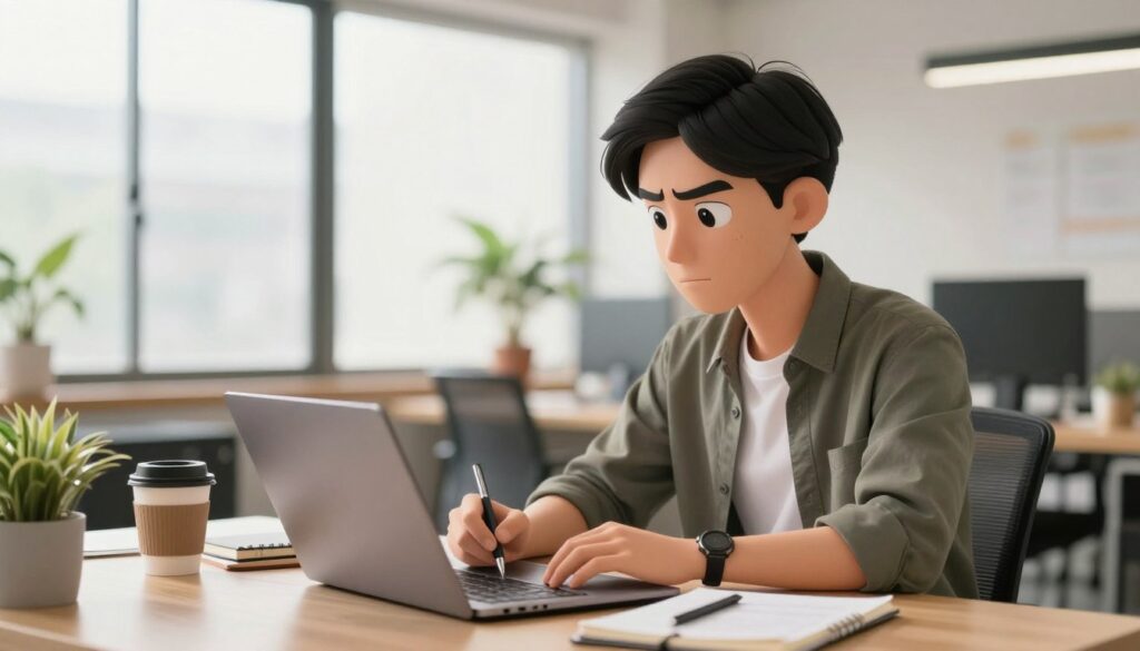 A confident founder, seated at a modern workspace, is engaged in thoughtful writing on a laptop. In the foreground, focus on the founder’s face displaying determination and authenticity, wearing a smart casual outfit. In the middle ground, the desk is cluttered with notebooks, a coffee cup, and a plant, symbolizing creativity and productivity. The background showcases a bright, airy office with large windows letting in natural light, creating a warm and inviting atmosphere. Soft shadows enhance the depth, and a shallow depth of field blurs the edges. The overall mood is inspiring and professional, conveying an authentic founder voice that resonates with genuine passion and dedication.
