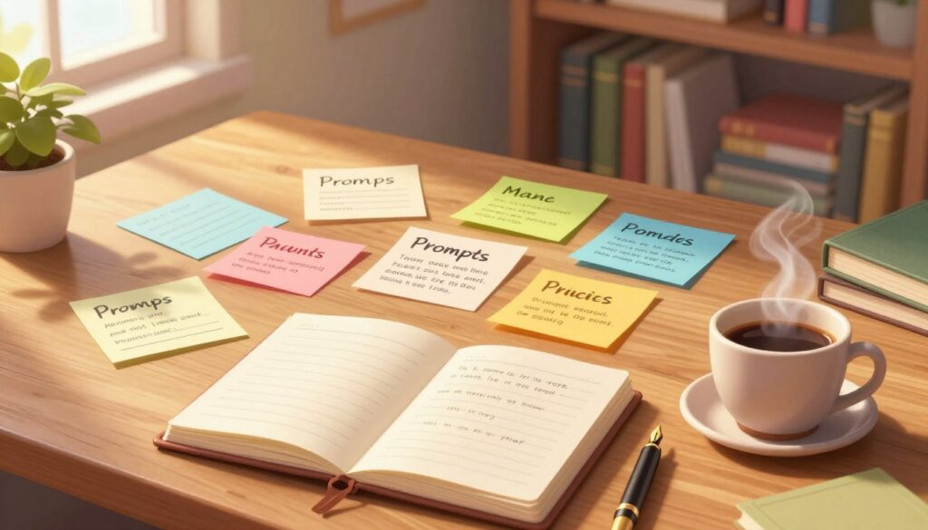 A cozy and inspiring workspace filled with a variety of writing prompts scattered across a large wooden desk. In the foreground, a beautiful open notebook with a stylish fountain pen lies next to a steaming cup of coffee, creating an inviting atmosphere. In the middle, scattered paper notes and colorful sticky notes display various writing prompts, showcasing creativity and diversity in topics. A warm, soft light filters in from a nearby window, casting gentle shadows and creating a focused yet relaxed mood. In the background, a bookshelf filled with literature and reference books adds depth to the scene, while a potted plant in the corner introduces a touch of nature. The overall composition emphasizes the importance of prompts in inspiring young writers. A cozy and inspiring workspace filled with a variety of writing prompts scattered across a large wooden desk. In the foreground, a beautiful open notebook with a stylish fountain pen lies next to a steaming cup of coffee, creating an inviting atmosphere. In the middle, scattered paper notes and colorful sticky notes display various writing prompts, showcasing creativity and diversity in topics. A warm, soft light filters in from a nearby window, casting gentle shadows and creating a focused yet relaxed mood. In the background, a bookshelf filled with literature and reference books adds depth to the scene, while a potted plant in the corner introduces a touch of nature. The overall composition emphasizes the importance of prompts in inspiring young writers.