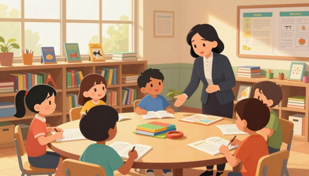A cozy classroom setting focusing on a teacher and a diverse group of students engaged in reading comprehension activities. In the foreground, a teacher, dressed in professional business attire, attentively guides a small group of students sitting at a round table covered with colorful reading materials and worksheets. The middle layer features bookshelves filled with neatly arranged educational books and resources, emphasizing a learning environment. In the background, large windows allow soft, natural light to filter in, illuminating the room with a warm glow. Learning posters related to curriculum standards adorn the walls, enhancing the atmosphere of discovery and knowledge. The mood is inspiring and focused, highlighting collaboration and active engagement in the learning process. The image is shot in a warm color palette, creating an inviting educational space.