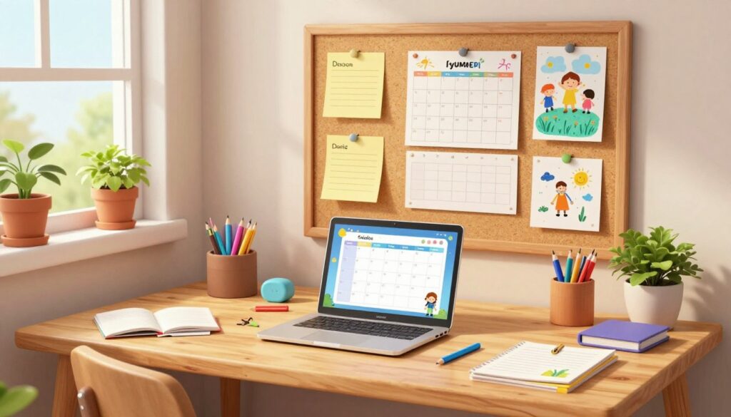 A cozy home office setting with a large, wooden desk at the forefront, cluttered with colorful stationery, a laptop displaying a personalized schedule design, and various learning materials scattered around. In the middle, a well-organized corkboard with notes, calendars, and children's art projects pinned up, providing an inviting and creative atmosphere. Soft, natural light enters through a window in the background, illuminating a few potted plants on the windowsill. The overall mood is warm and inspiring, encouraging creativity and focus, perfect for planning summer activities for children. This professional space should feel relatable yet aspirational, without any people or distractions present. A cozy home office setting with a large, wooden desk at the forefront, cluttered with colorful stationery, a laptop displaying a personalized schedule design, and various learning materials scattered around. In the middle, a well-organized corkboard with notes, calendars, and children's art projects pinned up, providing an inviting and creative atmosphere. Soft, natural light enters through a window in the background, illuminating a few potted plants on the windowsill. The overall mood is warm and inspiring, encouraging creativity and focus, perfect for planning summer activities for children. This professional space should feel relatable yet aspirational, without any people or distractions present.