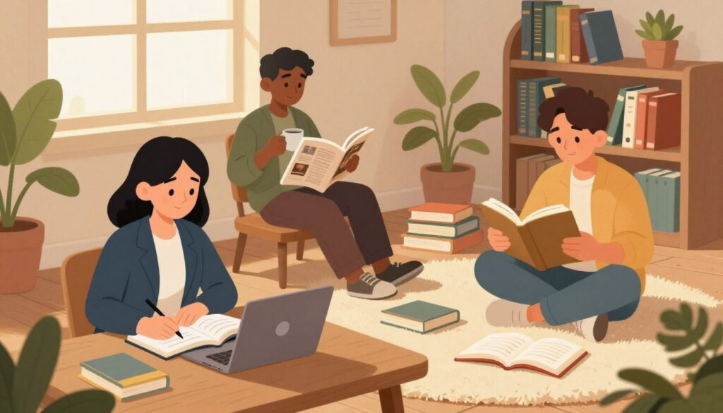 A cozy study scene featuring a diverse group of three adult learners engaged in reading and studying together. In the foreground, one individual, a woman in a professional business attire, sits at a wooden table with an open book and a laptop, focused and taking notes. Another individual, a man in smart casual clothing, leans back in a chair, skimming through a magazine while sipping coffee. The third person, a young adult in comfortable attire, sits cross-legged on a plush rug, surrounded by books and stationery. Soft, warm lighting filters through a nearby window, creating a calm and inviting atmosphere. In the background, a bookshelf filled with language learning resources and decorative plants adds depth to the scene, emphasizing a nurturing environment for study and collaboration.