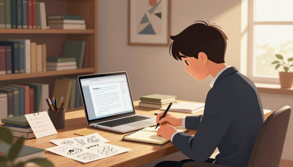 A cozy, well-lit office space filled with bookshelves, where a professional writer sits at a wooden desk, deeply focused on structuring chapters of a manuscript. In the foreground, the writer, dressed in smart business attire, is jotting down ideas on a notepad, surrounded by notes and sketches. The middle ground features a sleek laptop displaying an open writing software window, with soft glow from the screen illuminating the scene. In the background, books and framed artwork adorn the walls, creating an inspiring atmosphere. The warm daylight filters through a window, casting gentle shadows and enhancing the creative mood of productivity and inspiration, highlighting the transformation of scattered ideas into organized chapters.