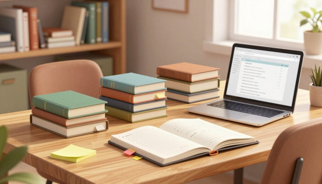 A cozy, well-lit office space with a large wooden desk at the forefront, displaying an open notebook with neatly organized notes and colorful sticky tabs. In the middle, stacks of reference books about writing and chapter structuring are neatly arranged, alongside a laptop showing an outline of chapters. A comfortable chair is positioned beside the desk. In the background, a bookshelf filled with various books creates a warm and inviting atmosphere. Soft natural light streams in through a window, casting gentle shadows and creating a peaceful mood conducive to creativity. The scene evokes focus, motivation, and the art of structuring ideas wisely for eBook creation, emphasized by a clean, organized aesthetic.