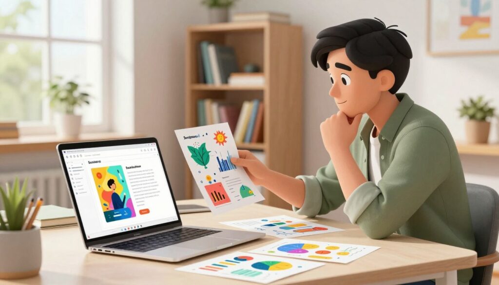 A cozy, well-lit workspace with a modern desk, scattered with colorful visual aids, like graphs and illustrations that enhance a nonfiction eBook concept. In the foreground, an open laptop displays the Scriptos.ai interface with a vibrant eBook cover design on the screen. The middle ground features a professional, focused individual in smart casual attire, reviewing visual elements with a thoughtful expression. Behind them, a soft-focus bookshelf filled with various nonfiction books, and a large window allowing natural light to pour in, creating a warm and inviting atmosphere. The lighting is bright yet soft, highlighting the creative process and enhancing the readability theme. The scene conveys a sense of inspiration and productivity, emphasizing the role of visuals in engaging readers.