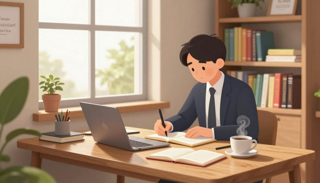 A cozy, well-lit writing nook featuring a person in professional business attire, deeply focused on writing their eBook. The foreground shows a stylish wooden desk cluttered with notebooks, a laptop, and a steaming cup of coffee. The middle ground includes a large window that lets in soft, natural light, illuminating the space and casting gentle shadows. A bookshelf lined with colorful novels and writing guides fills the background, adding warmth and inspiration. The atmosphere is calm and motivating, reflecting the struggle of overcoming writer's block with intelligent assistance. Subtle details, like a plant and an inspirational quote framed on the wall, enhance the overall inviting ambiance, encouraging creativity and productivity.
