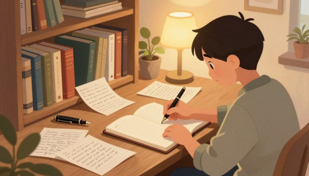 A cozy, well-lit writing nook filled with inspiration, featuring a wooden desk littered with pages of handwritten notes, an open notebook, and a vintage fountain pen. In the foreground, a person in modest casual clothing is depicted, deeply focused on their story writing, with an expression of creativity and determination. The middle ground showcases a bookshelf overflowing with classic literature, while an unobtrusive plant adds a touch of life. The background features a softly glowing lamp illuminating the space, creating a warm and inviting atmosphere. The scene is captured from a slightly elevated angle, emphasizing the writer's concentration and the elements around them, evoking a sense of calm and focus essential for storytelling.