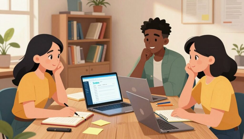 A cozy workspace scene depicting a diverse group of three professionals – a woman of Asian descent, a Black man, and a Hispanic woman – sitting around a wooden table, engaged in a brainstorming session to overcome writer's block with AI assistance. In the foreground, the table is scattered with notebooks, laptops, and creative tools like pens and sticky notes. In the middle, a sleek laptop displays the Scriptos.ai interface, glowing softly, while the individuals express focused and collaborative energy, with body language indicating deep thought and problem-solving. The background features a warm, softly lit office with bookshelves filled with writing guides and plants, creating an inviting atmosphere. The lighting is bright but not harsh, emphasizing a sense of hopefulness and creativity. The angle captures the interaction among the group from a slightly elevated perspective, inviting the viewer to feel part of their productive discussion.