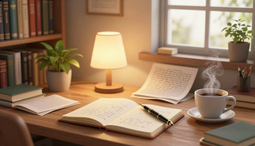 A cozy writer's desk in the foreground, featuring an open notebook with handwritten notes, a vintage fountain pen resting beside it, and a steaming cup of coffee. In the middle ground, a softly lit lamp casts a warm glow over the scene, highlighting scattered pages filled with text and a potted plant for a touch of life. The background reveals a wall lined with bookshelves crammed with classic literature, creating an inspiring and intellectual atmosphere. Natural light pours through a nearby window, illuminating dust particles in the air and giving the space a serene, inviting ambiance. The mood is reflective and encouraging, perfect for the creative process of refining writing style and tone in a calm, personal setting.