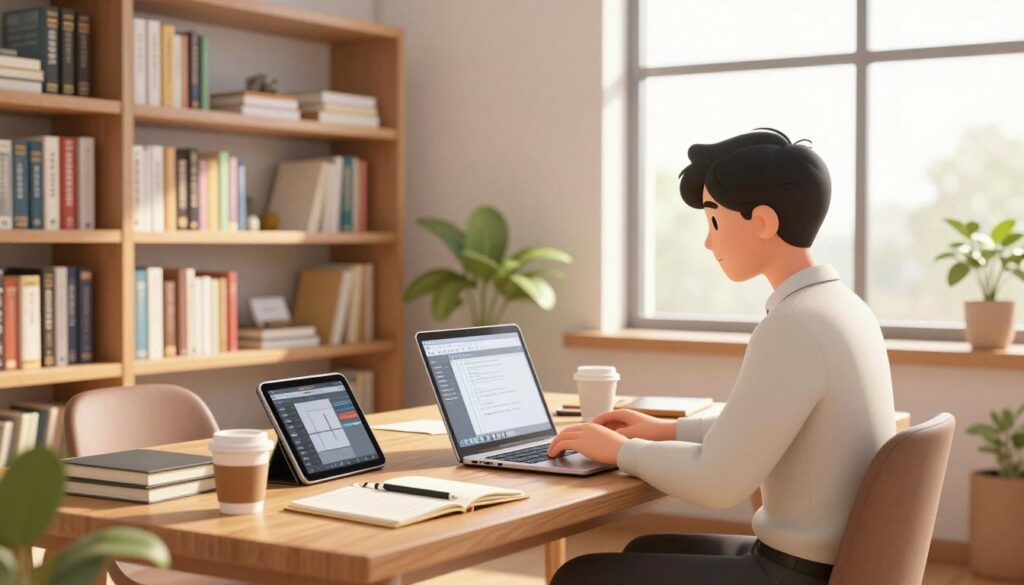 A cozy writer's workspace filled with creative energy. In the foreground, a focused writer, dressed in professional attire, sits at a sleek wooden desk, typing on a laptop. Scattered around are notebooks, coffee cups, and a digital tablet showcasing editing software. In the middle ground, bookshelves filled with well-organized fiction and non-fiction books create a backdrop, lending an academic feel. A potted plant adds a touch of nature. The background features a large window allowing warm, natural light to flood the room, casting soft shadows and creating a serene atmosphere. The scene conveys productivity and inspiration, with a color palette of warm earth tones and soft whites to enhance the inviting mood.