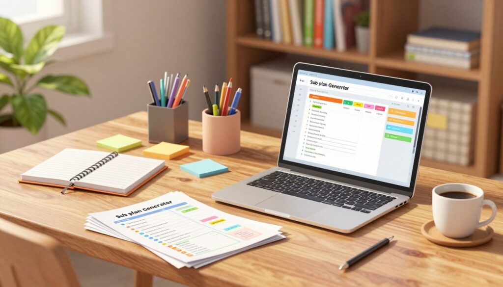 A creative workspace with a focus on a sub plan generator for teachers, featuring a sleek laptop on a wooden desk displaying a colorful interface for creating lesson plans. In the foreground, a stack of printed lesson plans and a cup of coffee evoke a sense of urgency. The middle ground reveals neatly arranged stationery, including pens, sticky notes, and a planner, surrounded by a calming indoor plant to add a touch of nature. The background showcases a well-organized bookshelf filled with educational resources. Soft, warm lighting illuminates the scene, casting gentle shadows that enhance the cozy atmosphere of productivity. The image captures an efficient, stress-free vibe, ideal for teachers looking to save time while preparing for their classes.