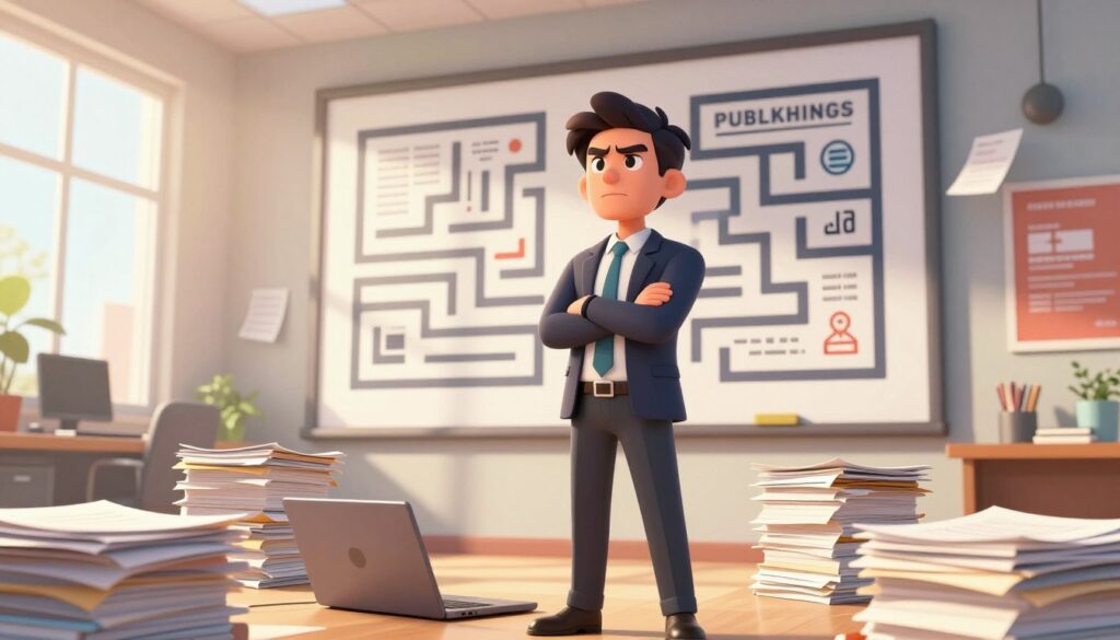 A determined business professional, dressed in smart casual attire, stands confidently in the foreground, surrounded by stacks of documents and a laptop, symbolizing the hurdles of the publishing process. In the middle ground, a large wall displays a maze of obstacles like scattered papers, formatting errors, and digital icons representing typography challenges. The background features a bright, open office space with motivational posters that hint at overcoming challenges. Soft natural lighting filters through large windows, casting a warm glow over the scene, creating an atmosphere of hope and perseverance. The angle is slightly low, emphasizing the height of the obstacles and the professional's resolve to overcome them.