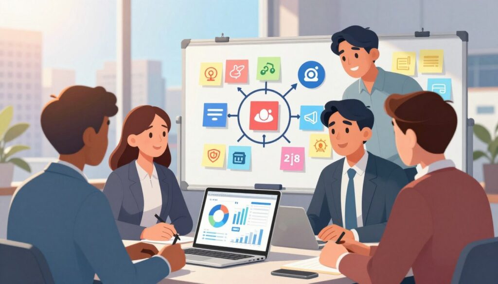 A digital workspace scene depicting professionals collaborating on social media strategies. In the foreground, a diverse group of three individuals in professional attire—two men and one woman—are engaged in a discussion around a modern laptop displaying analytics graphs. In the middle, a whiteboard filled with colorful sticky notes illustrating various automation tools and social media icons, symbolizing scaling efforts. In the background, a large window reveals a vibrant cityscape bathed in warm sunlight, creating an inspiring atmosphere. The lighting is bright and inviting, with a slight lens flare to emphasize positivity and innovation, captured from a slight overhead angle to showcase the collaborative environment, reflecting the theme of automation in social media management.