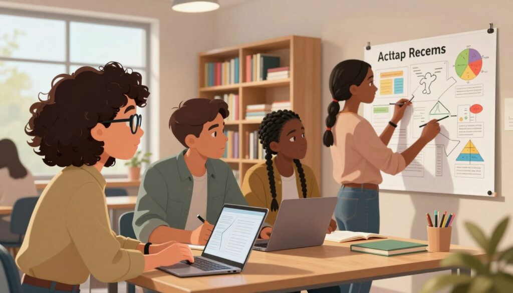 A diverse group of four students engaged in collaborative study at a modern workspace. In the foreground, a young woman with curly hair and glasses is explaining a concept to her peers, who are listening intently. Another student, a young man with short hair, is taking notes on his laptop, while a third student, a girl with braided hair, is working on a large poster filled with colorful diagrams. In the backdrop, shelves stocked with books and academic resources suggest a rich learning environment. Warm, natural lighting filters in through large windows, creating an inviting atmosphere. The angle of the shot captures both focused expressions and the shared enthusiasm of learning, emphasizing teamwork and collaboration.