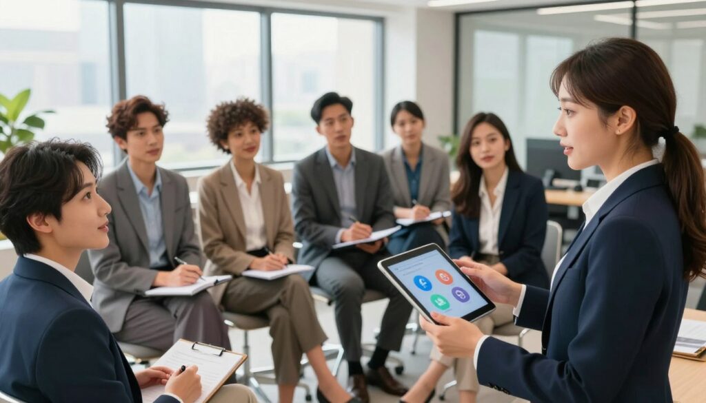 A diverse group of people in a professional setting, engaged in an insightful discussion about social media strategies. In the foreground, a confident woman in a business suit passionately presents her ideas using a digital tablet. In the middle ground, a mix of individuals of different ages and ethnicities, dressed in professional business attire, listen attentively and take notes, showcasing their interest and engagement. Behind them, a modern office environment with large windows allowing natural light to fill the space, enhancing the atmosphere of collaboration. The camera angle is slightly elevated, focusing on the participants' expressions, creating a warm, inspiring mood that emphasizes connection and shared knowledge in a corporate context.