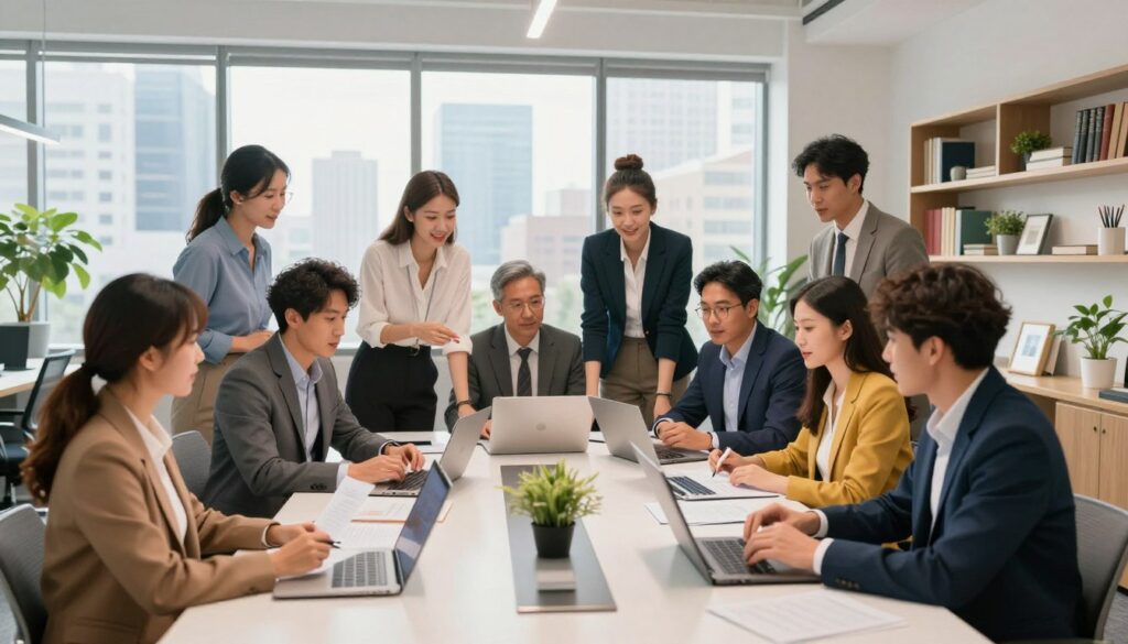 A diverse group of professionals engaged in a collaborative discussion in a modern office setting. In the foreground, a multi-ethnic group of individuals, including both men and women, wearing smart business attire, are gathered around a sleek conference table, analyzing documents and digital devices. The middle ground features a large window showcasing a cityscape, allowing natural light to flood the room, creating an energetic atmosphere. In the background, shelves filled with books and plants add a touch of greenery and professionalism. The mood is dynamic and engaging, highlighting teamwork and networking opportunities, with warm, bright lighting that emphasizes a sense of growth and connection. Capture this moment with a wide-angle lens to accentuate the collaborative spirit.