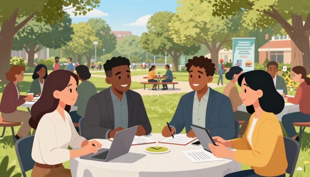 A diverse group of professionals engaged in a lively discussion at an outdoor community event, with a backdrop of green trees and a sunny sky. Foreground features three individuals: a woman of Asian descent in smart casual attire, a Black man in a blazer, and a Hispanic woman holding a tablet, actively brainstorming ideas. In the middle ground, various people of different ages and backgrounds gather around tables, networking and sharing ideas, creating a sense of collaboration. The background showcases a vibrant park setting with people enjoying conversations, picnic tables, and banners promoting community engagement. The mood is uplifting and energetic, with soft natural lighting highlighting smiles and interactions, suggesting a spirit of trust and camaraderie.