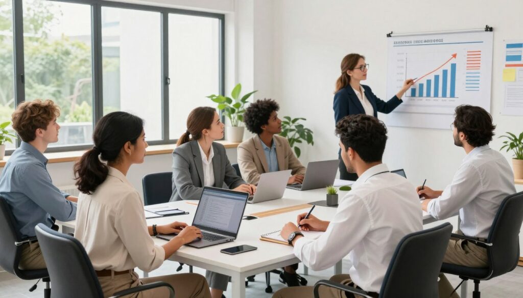 A diverse group of professionals in a modern office environment, seated around a collaborative workspace, deeply engaged in a discussion. In the foreground, a South Asian woman in business casual attire is presenting ideas on a laptop, while a Middle-Eastern man in a crisp white shirt takes notes. A Caucasian woman with glasses presents a visual chart on the wall, indicating growth strategies. In the background, natural light floods the space through large windows, illuminating greenery outside, contributing to a vibrant and energetic atmosphere. The composition captures a sense of teamwork and creativity, shot from a slightly elevated angle to emphasize the engagement among the team members. The mood should convey inspiration and a proactive approach to connecting with audiences.