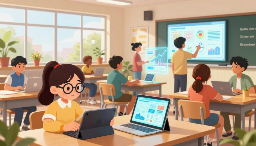 A diverse group of students engaged in a personalized learning experience, surrounded by advanced technology in a modern classroom. In the foreground, a focused young girl with glasses uses a tablet, analyzing her interactive learning module. In the middle, a boy collaborates with a holographic interface displaying dynamic graphs and educational content, while another student interacts with a digital whiteboard showcasing various subjects. In the background, a bright classroom filled with natural light streams through large windows, adorned with motivational educational posters and greenery. The atmosphere is inspiring and innovative, highlighting an engaging, tech-rich environment that fosters creativity and collaboration in education, captured with soft lighting and a wide-angle view to enhance the space.
