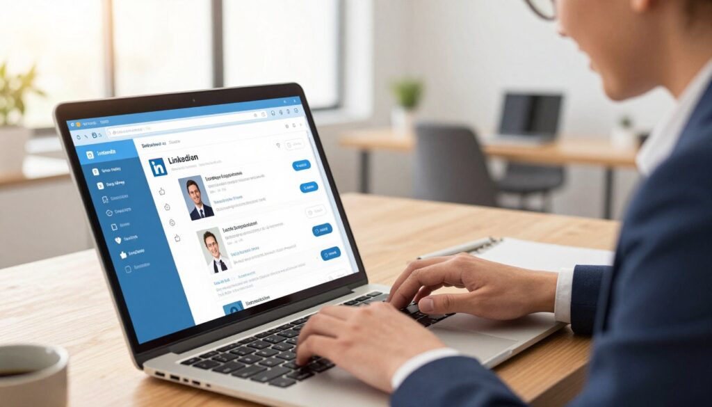A dynamic business professional engaging with their LinkedIn profile on a sleek laptop, showcasing a visually vibrant interface filled with notifications and interaction metrics. In the foreground, a close-up of the laptop keyboard with hands typing fervently. In the middle, the screen glows brightly, highlighting posts with likes and comments symbolizing engagement boost. The background features a modern, minimalist office space, with a large window allowing warm sunlight to flood in, creating a cozy yet focused atmosphere. The mood is energetic and optimistic, reflecting the importance of daily interactions in a professional context. The individual is dressed in smart business casual attire, embodying professionalism and approachability. The angle is slightly tilted downward, giving an intimate view of the engagement-focused work environment.