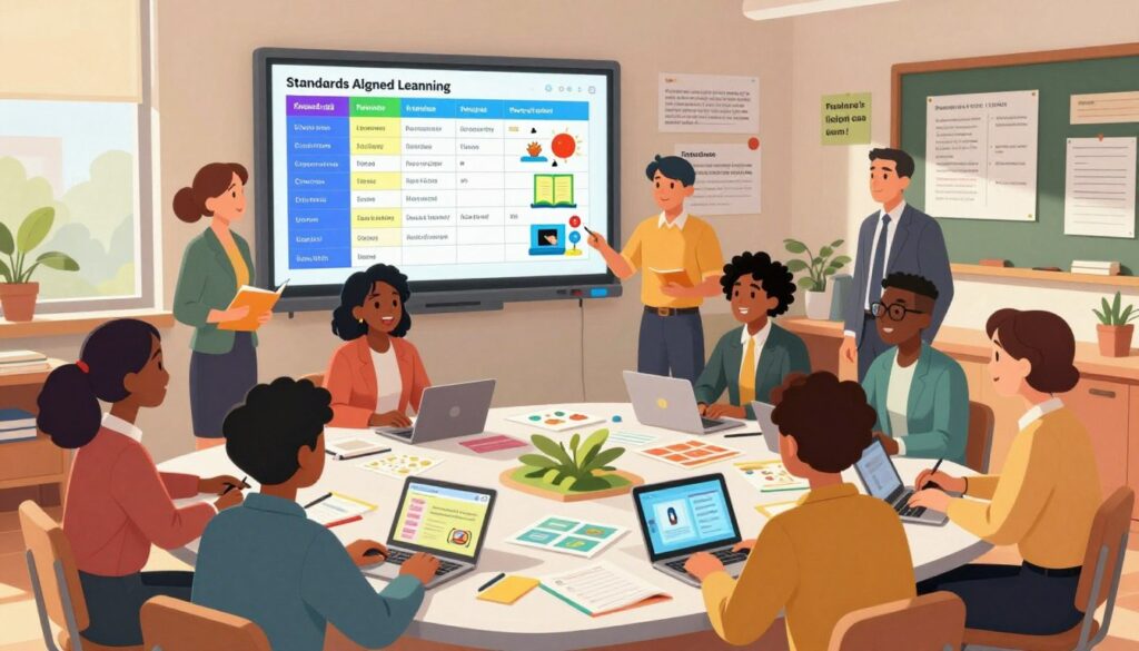 A dynamic classroom scene illustrating standards-aligned instruction. In the foreground, a diverse group of enthusiastic educators, dressed in professional business attire, are engaged in collaborative planning around a large table filled with colorful lesson materials and digital devices. In the middle ground, a large digital screen displays a vibrant grid of standards-aligned learning objectives and interactive lesson plans. The background features a bright, well-organized classroom with posters highlighting educational standards and motivational quotes. Soft, natural lighting streams in through the windows, creating an inviting and productive atmosphere. The camera angle is slightly overhead, showcasing the interaction among teachers as they brainstorm innovative instructional strategies, emphasizing a sense of teamwork and professionalism.