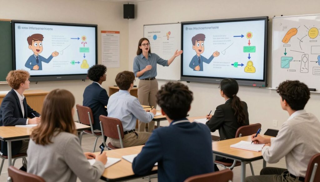 A dynamic classroom scene showcasing high school students engaging with guided videos on large screens. In the foreground, a diverse group of students (Caucasian, Hispanic, Black, and Asian) sit at desks, focused and taking notes while discussing ideas. They are dressed in professional attire, conveying a sense of purpose and engagement. The middle ground features a teacher, enthusiastically facilitating the interactive video session, with gestures emphasizing teamwork and participation. In the background, educational posters and a whiteboard filled with colorful diagrams enhance the learning atmosphere. Soft, natural lighting illuminates the room, creating a warm and inviting mood. The camera angle is slightly elevated, capturing the students’ expressions and the interactive technology at play, reflecting an engaging learning environment.