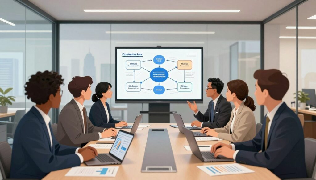 A dynamic corporate meeting scene illustrating internal team alignment, set in a modern office. In the foreground, a diverse group of six professionals, wearing smart business attire, is engaged in discussion around a large conference table covered with laptops, charts, and documents. In the middle, a digital presentation displays a well-organized flowchart, symbolizing effective communication. The background features glass walls with a city skyline visible, adding context to the corporate setting. Bright, warm lighting creates an inviting atmosphere, emphasizing collaboration and unity. The shot is taken at eye level using a wide-angle lens to capture the energy of the meeting while focusing on the participants’ engaged expressions.