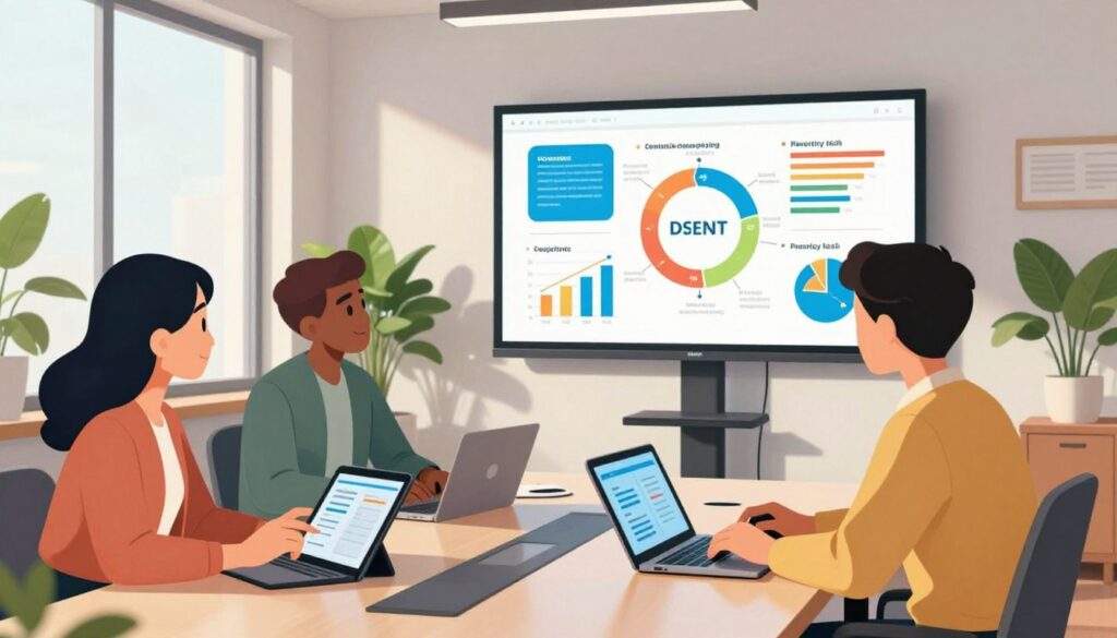 A dynamic office scene showcasing professionals collaborating on content strategy. In the foreground, a diverse group of three individuals—one male and two females—are seated around a sleek conference table, engaged in discussion while analyzing digital devices like tablets and laptops. The middle section features a large wall-mounted screen displaying vibrant infographics and data about content repurposing strategies, symbolizing maximized reach. In the background, large windows allow natural light to flood in, creating a bright, inspiring environment. Office plants add a touch of green, enhancing the atmosphere of creativity and collaboration. The mood is upbeat and focused, suggesting productivity and innovation in a contemporary workspace. Utilize a wide-angle lens to capture the camaraderie and engagement within the scene.