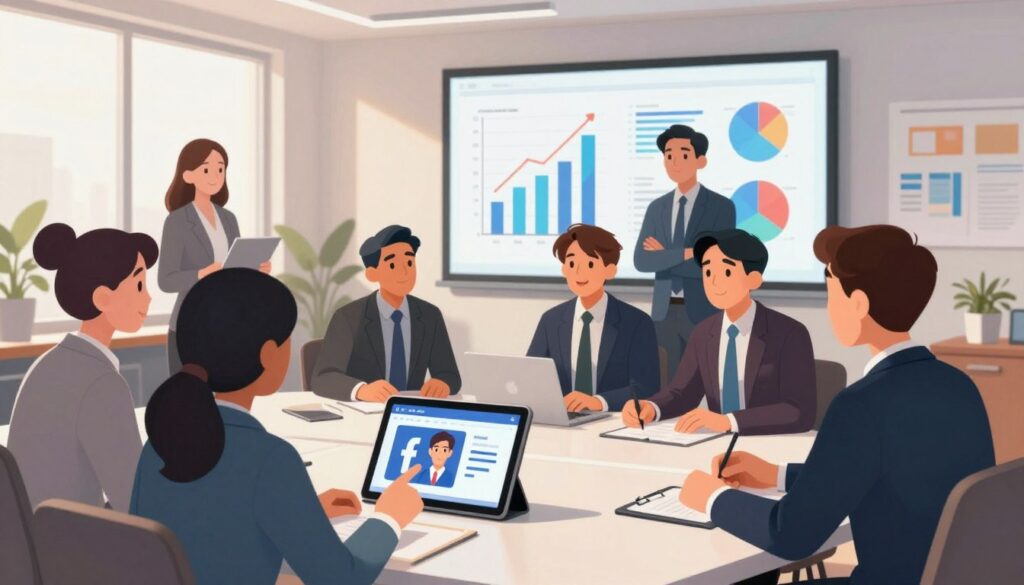 A dynamic office space setting, showcasing a professional gathering around a large table. In the foreground, diverse individuals in smart business attire are engaged in an animated discussion, one person pointing at a digital tablet displaying a Facebook profile. The middle ground features vibrant charts and graphs projected on a screen, symbolizing growth and strategy. The background reveals large windows with soft natural light streaming in, creating an inviting atmosphere. The mood is collaborative and proactive, reflecting enthusiasm and determination. Soft shadows enhance depth, while a wide-angle lens perspective captures the bustling energy of the scene, emphasizing the importance of leveraging personal profiles for initial traction in social media growth.