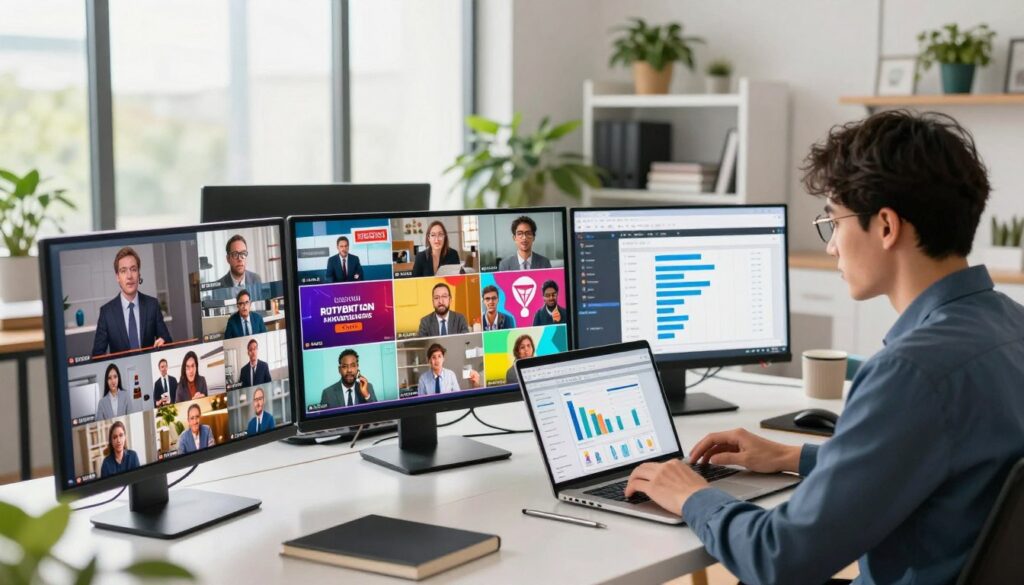 A dynamic scene depicting a collection of vibrant video snippets, artfully arranged on a sleek modern workspace. In the foreground, various digital screens show colorful thumbnails from engaging video content, showcasing topics like business insights, marketing strategies, and creative storytelling. The middle ground features a professional individual, dressed in smart business attire, intently reviewing the snippets, with a laptop open displaying analytics. In the background, sunlight streams through large windows, illuminating the room filled with contemporary decor and house plants, creating a productive and inspiring atmosphere. This image captures the essence of utilizing video snippets to attract attention, emphasizing professionalism and creativity. The overall mood is energetic and focused, encouraging creativity and innovation.