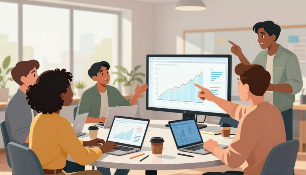 A dynamic scene depicting a diverse group of professional founders engaged in a collaborative brainstorming session. In the foreground, two founders, a Black woman and a Hispanic man, are animatedly discussing content strategies while pointing to a digital screen displaying a growth chart. The middle ground features a round table cluttered with laptops, notepads, and coffee cups. The background shows a bright, modern office space with large windows letting in natural light, creating an uplifting atmosphere. Use a well-balanced composition with soft, diffused lighting that highlights these founders' expressions of enthusiasm and determination. Capture a vibrant and energetic mood, showcasing innovation and collaboration in the age of digital marketing.