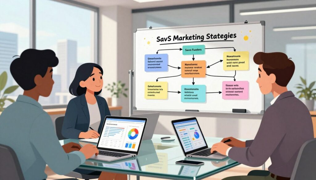 A dynamic scene of a modern office environment focused on SaaS marketing strategies. In the foreground, a diverse group of three professionals—two men in smart business attire and one woman wearing a stylish, modest blouse—are engaged in a brainstorming session around a sleek glass table. Visible on the table are laptops displaying AI-driven analytics and marketing graphs. In the middle ground, a large whiteboard is filled with colorful flowcharts and notes on effective messaging tactics for SaaS founders, emphasizing time-saving techniques. The background shows large windows letting in natural light, with a city skyline view, creating a vibrant yet focused atmosphere. The lighting is bright and uplifting, enhancing a sense of collaboration and innovation in the workspace.