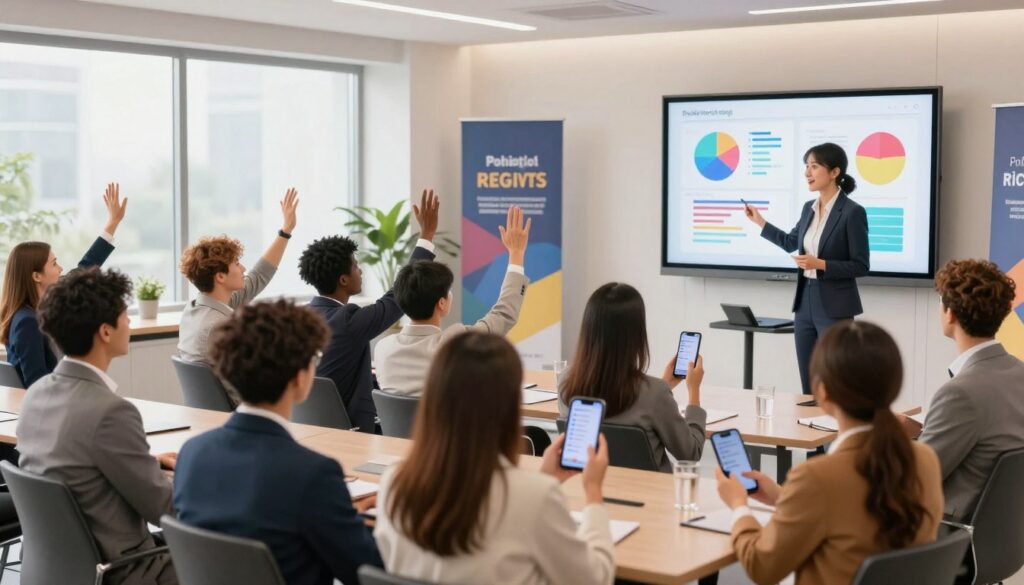 A dynamic scene showcasing a diverse group of professionals in a modern conference setting, engaged in interactive audience polling. In the foreground, a businesswoman dressed in a smart blazer stands at a podium, confidently presenting on a large screen displaying vibrant, colorful graphs and polls. In the middle, attendees of various ethnic backgrounds, wearing professional business attire, are raising their hands and using smartphones to participate in the polls, reflecting interest and engagement. The background features a bright, well-lit conference room with sleek furniture and motivational banners. The atmosphere is energetic and collaborative, with soft natural lighting streaming in through large windows, creating an inviting and inspiring space. The angle captures the interaction, showcasing both the presenter and the engaged audience.