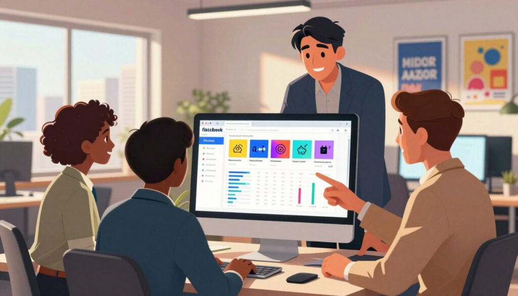 A dynamic workspace filled with the essence of digital marketing, showcasing a sleek computer screen displaying a Facebook ads dashboard filled with analytics and vibrant ad visuals. In the foreground, a diverse group of three professionals in smart business attire, actively discussing strategies, pointing at the screen. The middle ground captures a stylish office environment with modern decor and motivational posters. In the background, a large window reveals a city skyline, highlighting a bright, sunny day. The lighting is warm, creating an inviting atmosphere, with a focus on the screen's glow illuminating the faces of the professionals. The overall mood is energetic and forward-thinking, emphasizing collaboration and innovation in paid advertising.