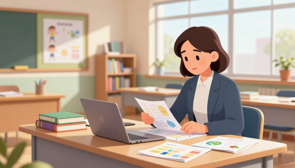 A focused classroom scene depicting a dedicated teacher efficiently planning lessons. In the foreground, a professional teacher, dressed in smart casual attire, is seated at a modern desk cluttered with colorful lesson plans, a laptop, and educational resources, including books and charts. In the middle ground, shelves filled with teaching materials and a bulletin board showcasing student achievements are visible. The background reveals a bright classroom environment with natural light streaming through large windows, creating a warm and inviting atmosphere. The mood is productive and inspiring, with soft lighting casting gentle shadows, emphasizing the teacher's concentration and organization. The composition should evoke a sense of dedication and empowerment in enhancing teacher efficiency and lesson planning. A focused classroom scene depicting a dedicated teacher efficiently planning lessons. In the foreground, a professional teacher, dressed in smart casual attire, is seated at a modern desk cluttered with colorful lesson plans, a laptop, and educational resources, including books and charts. In the middle ground, shelves filled with teaching materials and a bulletin board showcasing student achievements are visible. The background reveals a bright classroom environment with natural light streaming through large windows, creating a warm and inviting atmosphere. The mood is productive and inspiring, with soft lighting casting gentle shadows, emphasizing the teacher's concentration and organization. The composition should evoke a sense of dedication and empowerment in enhancing teacher efficiency and lesson planning.