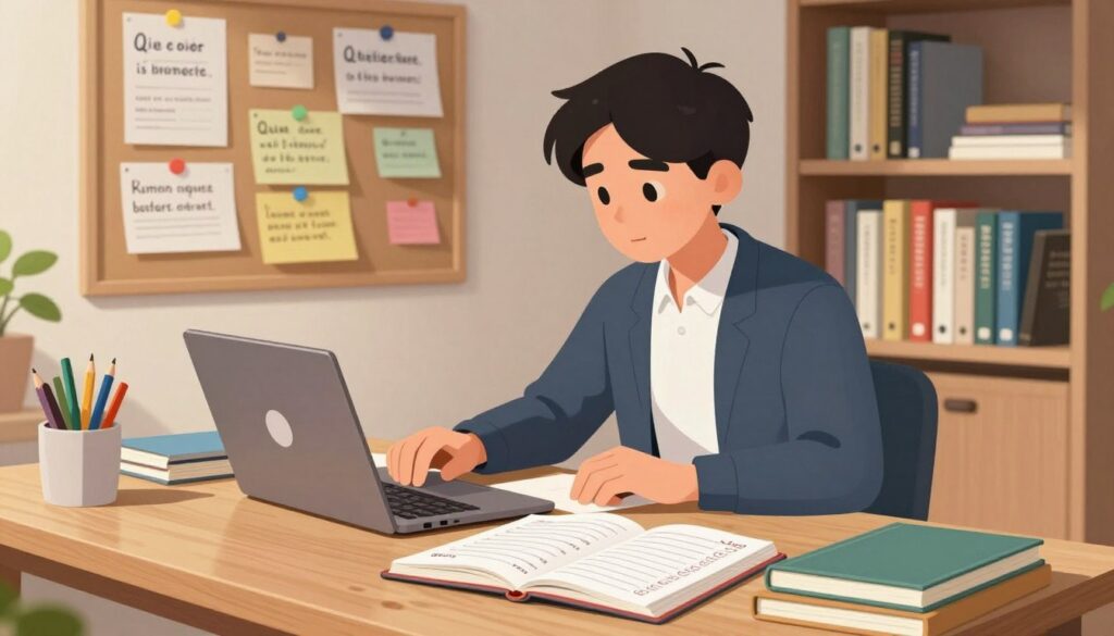 A focused student, dressed in smart casual attire, sits at a sleek wooden desk cluttered with notebooks, a laptop, and colorful stationery. In the foreground, a planner is open, displaying neatly organized schedules and to-do lists. The middle ground features a bulletin board filled with inspirational quotes and reminders, while a small indoor plant adds a touch of life. The background showcases a well-organized bookshelf, filled with academic texts and personal development books, casting soft, natural light across the scene. The image captures a productive atmosphere, suggesting mastery in time management and organization, with a warm, inviting color palette that evokes motivation and diligence.