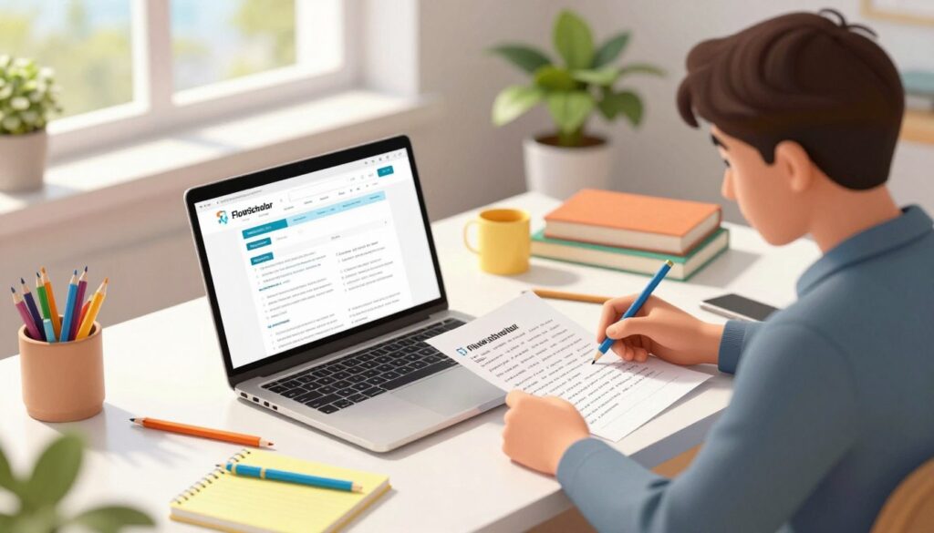 A focused workspace featuring a modern desk with a laptop open to the FlowScholar website, surrounded by colorful stationery, notepads filled with handwritten notes, and a few printed assignment templates. In the foreground, a teacher, dressed in smart casual attire, is intently reviewing an assignment on the screen, with a thoughtful expression on their face. The middle ground shows educational resources like books and a potted plant, adding to a vibrant and lively atmosphere. The background is softly blurred, featuring a bright window with natural sunlight streaming in, creating a warm and inviting mood. The room is organized and inviting, emphasizing efficiency and creativity in assignment creation. The angle is slightly elevated, providing a clear view of the desk and its surrounding elements. A focused workspace featuring a modern desk with a laptop open to the FlowScholar website, surrounded by colorful stationery, notepads filled with handwritten notes, and a few printed assignment templates. In the foreground, a teacher, dressed in smart casual attire, is intently reviewing an assignment on the screen, with a thoughtful expression on their face. The middle ground shows educational resources like books and a potted plant, adding to a vibrant and lively atmosphere. The background is softly blurred, featuring a bright window with natural sunlight streaming in, creating a warm and inviting mood. The room is organized and inviting, emphasizing efficiency and creativity in assignment creation. The angle is slightly elevated, providing a clear view of the desk and its surrounding elements.