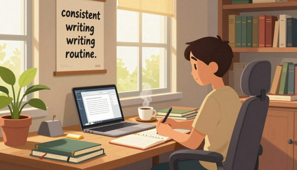 A focused writing workspace embodies a "consistent writing routine." In the foreground, a wooden desk is cluttered with notebooks, an open laptop displaying a writing program, and a steaming cup of coffee. To the left, a potted plant adds a touch of greenery, while a motivational poster hangs on the wall behind, featuring a quote about writing. The middle ground features a comfortable, ergonomically-designed chair, and soft lighting creates a warm, inviting atmosphere, as sunlight filters through a nearby window. In the background, shelves filled with books reflect a writer's dedication to their craft. The room conveys a serene ambiance, encouraging creativity and focus, inspired by a rich tapestry of colors and textures, with natural light highlighting the space.
